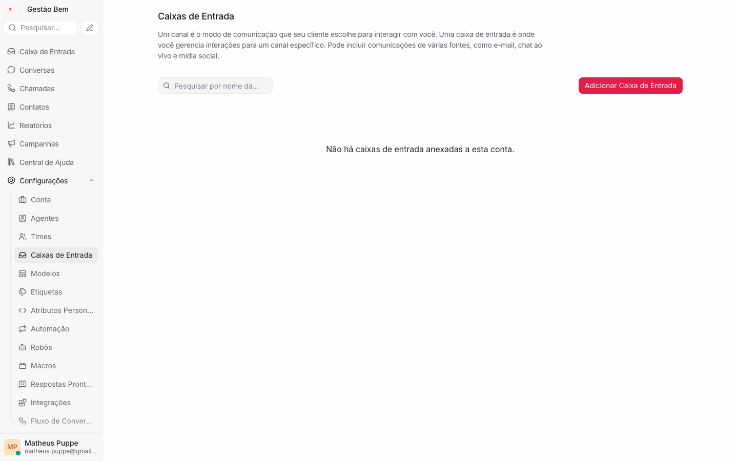 Lista de caixas de entrada com o botão Adicionar Caixa de Entrada