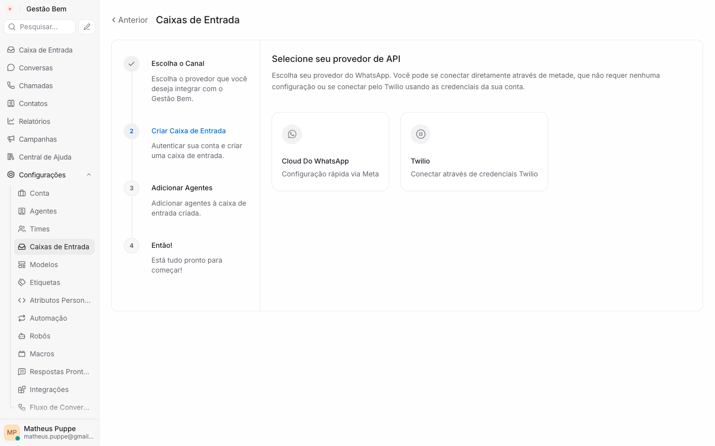 Seleção entre Cloud do WhatsApp e Twilio