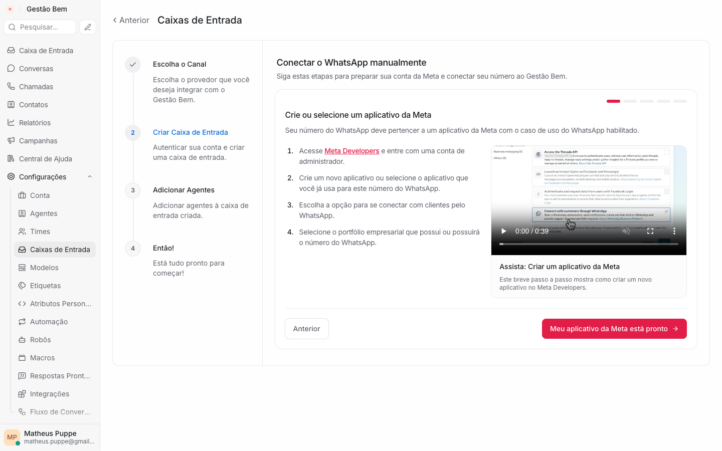 Primeiro passo do assistente: criar ou selecionar um aplicativo da Meta