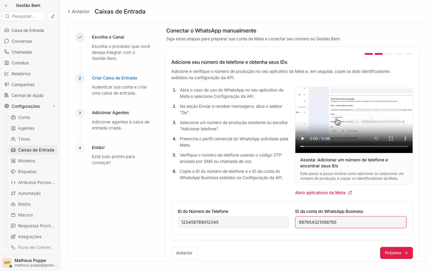 Formulário com ID do número de telefone e ID da conta do WhatsApp Business