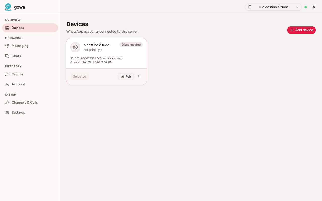 Painel do GoWA na tela Devices, com o dispositivo Atendimento e o botão Pair