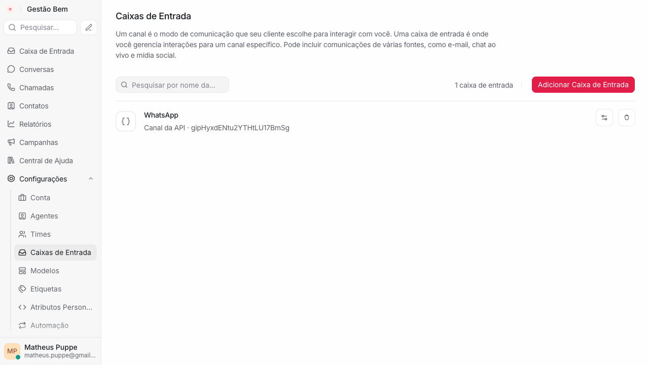 Lista de caixas de entrada do Chatwoot com a caixa WhatsApp